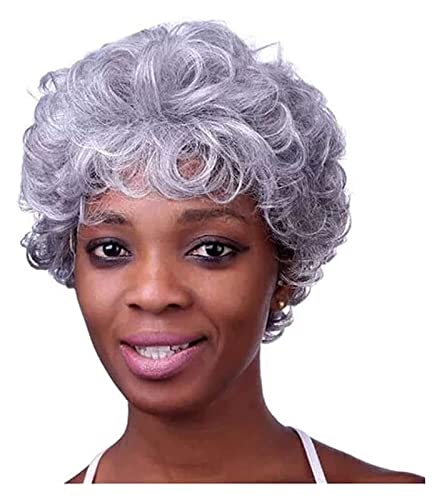 Perücken Frauen Kurze Silber Grau Weiß Lockige Synthetische Haar Perücke Für Mutter Mittelalter Ältere Dame Cosplay Oma Perücken Perücke (Color : Silver) von HALAHAI