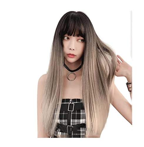 Perücken Grün Gradienten Perücken Für Frauen Lange Gerade Perücke Mit Pony Synthetische Haar Für Den Täglichen Gebrauch Perücke (Color : Brown, Size : 25in) von HALAHAI