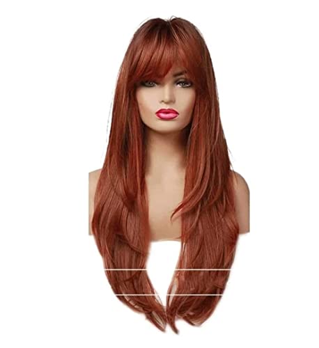 Perücken Mode Damen Rotbraun Perücken Lange Layered Perücken mit Pony Lange Gerade Layered Perücken Perücke von HALAHAI