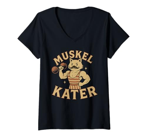 Damen Muskelkater Katze Vintage lustig Gym Fitness Humor T-Shirt mit V-Ausschnitt Damen Muskelkater Katze Vintage lustig Gym Fitness Humor T-Shirt mit V-Ausschnitt von HALBGOTT SCHMIEDE