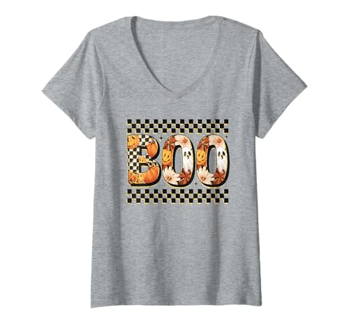 Damen Boo Karierter Druck Halloween Jugend Herbst Vibes Kürbisse T-Shirt mit V-Ausschnitt von HALLOWEEN TEES CO