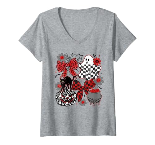 Damen Halloween Horror Kürbisse Geist Schwarze Katze Kokette Schleife Spook T-Shirt mit V-Ausschnitt Damen Halloween Horror Kürbisse Geist Schwarze Katze Kokette Schleife Spook T-Shirt mit V-Ausschnitt von HALLOWEEN TEES CO