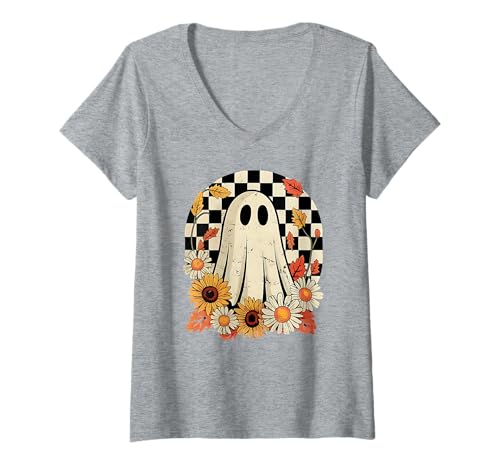 Damen Halloween Karierter Druck Geist Floral Herbst Vibes Trendy T-Shirt mit V-Ausschnitt Damen Halloween Karierter Druck Geist Floral Herbst Vibes Trendy T-Shirt mit V-Ausschnitt von HALLOWEEN TEES CO