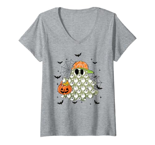 Damen Junge Halloween Geist Niedliche Kürbisse Fall Vibes Trick or Treat T-Shirt mit V-Ausschnitt Damen Junge Halloween Geist Niedliche Kürbisse Fall Vibes Trick or Treat T-Shirt mit V-Ausschnitt von HALLOWEEN TEES CO