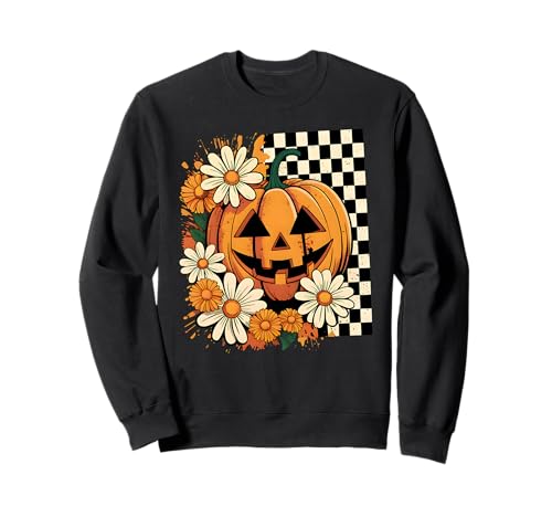 Halloween Kürbis Karierter Druck Floral Fall Vibes Kinder Sweatshirt von HALLOWEEN TEES CO