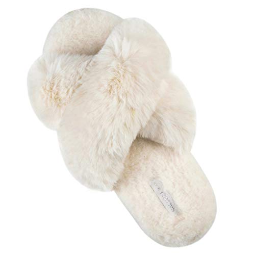 HALLUCI Damen Cross Band Weiche Plüsch Fleece Haus Indoor oder Outdoor Hausschuhe, Beige, X-Large HALLUCI Damen Cross Band Weiche Plüsch Fleece Haus Indoor oder Outdoor Hausschuhe, Beige, X-Large von HALLUCI