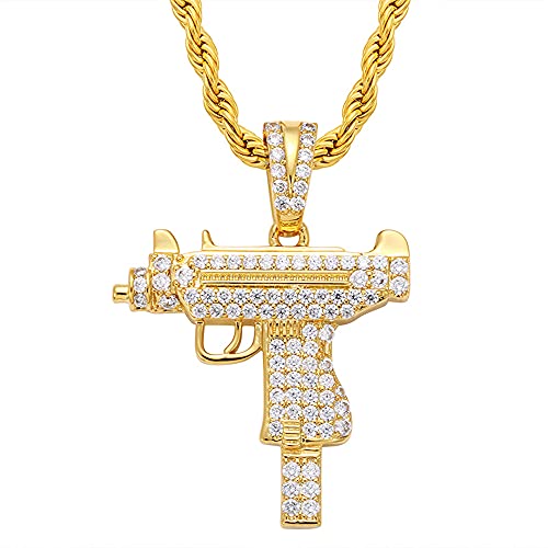 HALOKAIYA ICEDIAMOND Hip Hop UZI Gun Model Iced Out Anhänger mit Kettenhalskette, Full Bling CZ Diamond mit vergoldetem Modeschmuck für Herren (Gold) von HALOKAIYA
