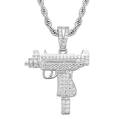 HALOKAIYA ICEDIAMOND Hip Hop UZI Gun Model Iced Out Anhänger mit Kettenhalskette, Full Bling CZ Diamond mit vergoldetem Modeschmuck für Herren (White) von HALOKAIYA
