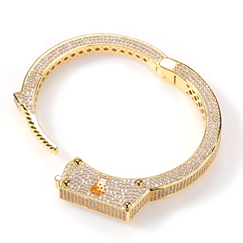 ICEDIAMOND Weißgold plattierte Hip Hop Iced Out Drama Handschellen Design Armreif, Mikro-Set helle Zirkonia Steine mit langem gezackten Schloss Schnalle Armband für Männer (Gold) von ICEDIAMOND