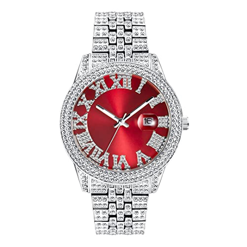 ICEDIAMOND Mode eisige rosa römische Zifferblatt-Armbanduhr, vereistes volles simuliertes Diamant-Wasserdicht-leuchtendes Paaruhr-Armband (White-Red) von ICEDIAMOND