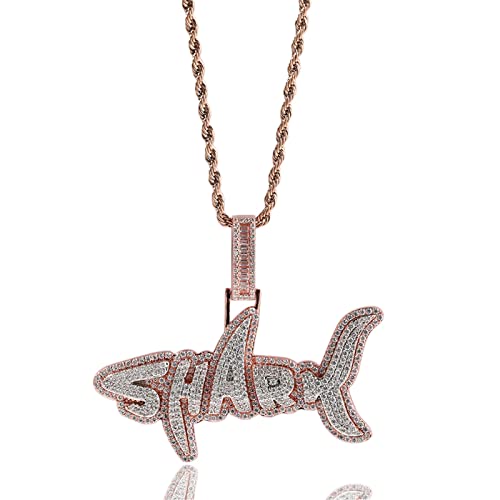 HALOKAIYA Icediamond Iced Out Creative Dual Tone SHARK Halskette mit Anhänger, gemischter CZ-Diamant, Hip Hop, trendiger Schmuck, Geschenk für Männer und Frauen (Rose-White) von HALOKAIYA