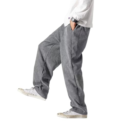 HALOMR Herren Cordhose Erweiterbare Taille Baggy Pants Casual Loose Fit Relaxed Fit Baumwolle Pink, GRAU, Groß von HALOMR
