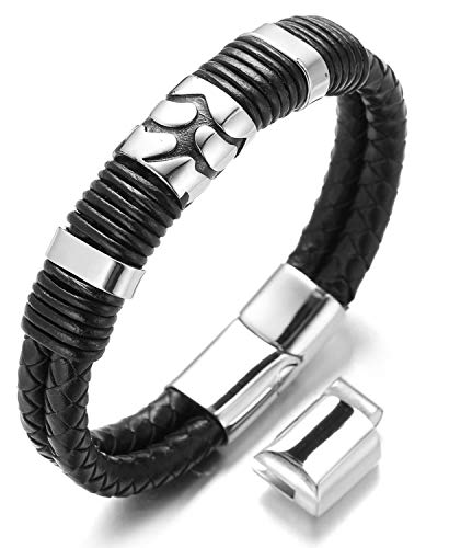 Halukakah Plus ● Vulkan ● Herren-Armband Handgefertigt | Echtleder Schwarz | Magnetverschluss Edelstahl Silber | mit Titan Perlen in Silber | KOSTENLOS Geschenkbox | Größe Einstellbar 21.5cm-23cm von Halukakah