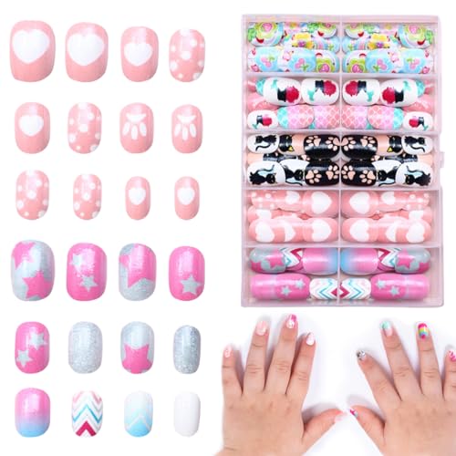 120 Pcs Fingernägel zum Aufkleben Kinder, Süße Künstliche Nägel zum Aufkleben, Blumen-Kirsch-Punkte-u nd-Linien-Designs, Künstliche Fingernägel Geschenk für Mädchen, Press On Nails Kinder von HAMKU