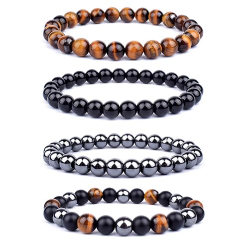 HAMKU 4 PCS magnetarmband damen Magnetische Armband magnet armband damen Unisex Hämatit Therapie Stein Runde Perlen Stretch Armreif für Gewichtsverlust Abnehmen Anti-Müdigkeit Schmuck von HAMKU