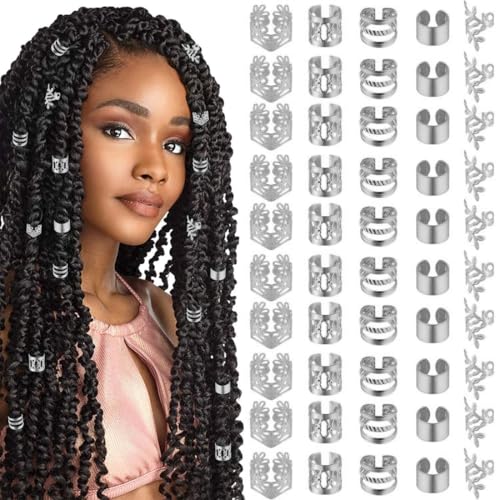 HAMKU 50 Stück Dreadlocks Schmuck Wikinger Haarschmuck Silber, Verstellbar Cuffs Haarperlen Haarspiralen für Braids Zubehör Dekoration von HAMKU
