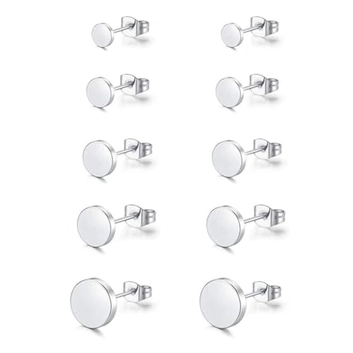 HAMKU 5Paare Titanium Ohrstecker Hypoallergen für Damen Herren Mädchen Silber Ohrstecker Runde Scheibe Ohrringe für Empfindliche Ohren von HAMKU