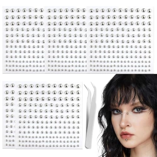 HAMKU 825pcs Lippenstecker Aufkleber, Fake-Nasenstecker Aufkleber, Augenbrauenstecker Aufkleber, nicht durchdringender Nasenstecker zum Aufkleben auf silbernen Bauchnabelaufkleber,coole Punk Y2K von HAMKU