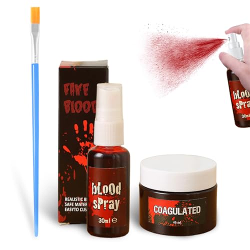 HAMKU Halloween Kunstblut Set 40ml Gel + 30ml Spray, Realistisches Fake Blood für Wunden Make-up, Horror Effekte, Zombie Vampir Clown Cosplay, Abwaschbar für Gesicht Körper Kostüm von HAMKU