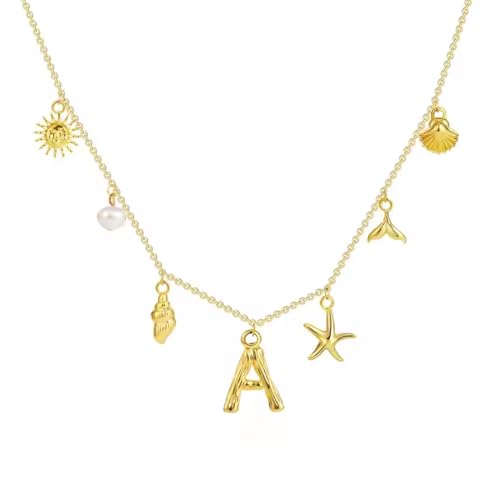 HAMKU Surf-Halskette Böhmische Halskette Buchstabenkette Muschel- und Seesternkette kette mit buchstabe von HAMKU