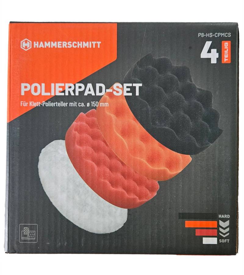 HAMMERSCHMITT 4-teiliges Polierpad-Set Klett-Polierteller mit 150 mm Durchmesser Hart bis Soft P8-HS-CPMCS Schwarz, Orange, Rot, Weiß von HAMMERSCHMITT