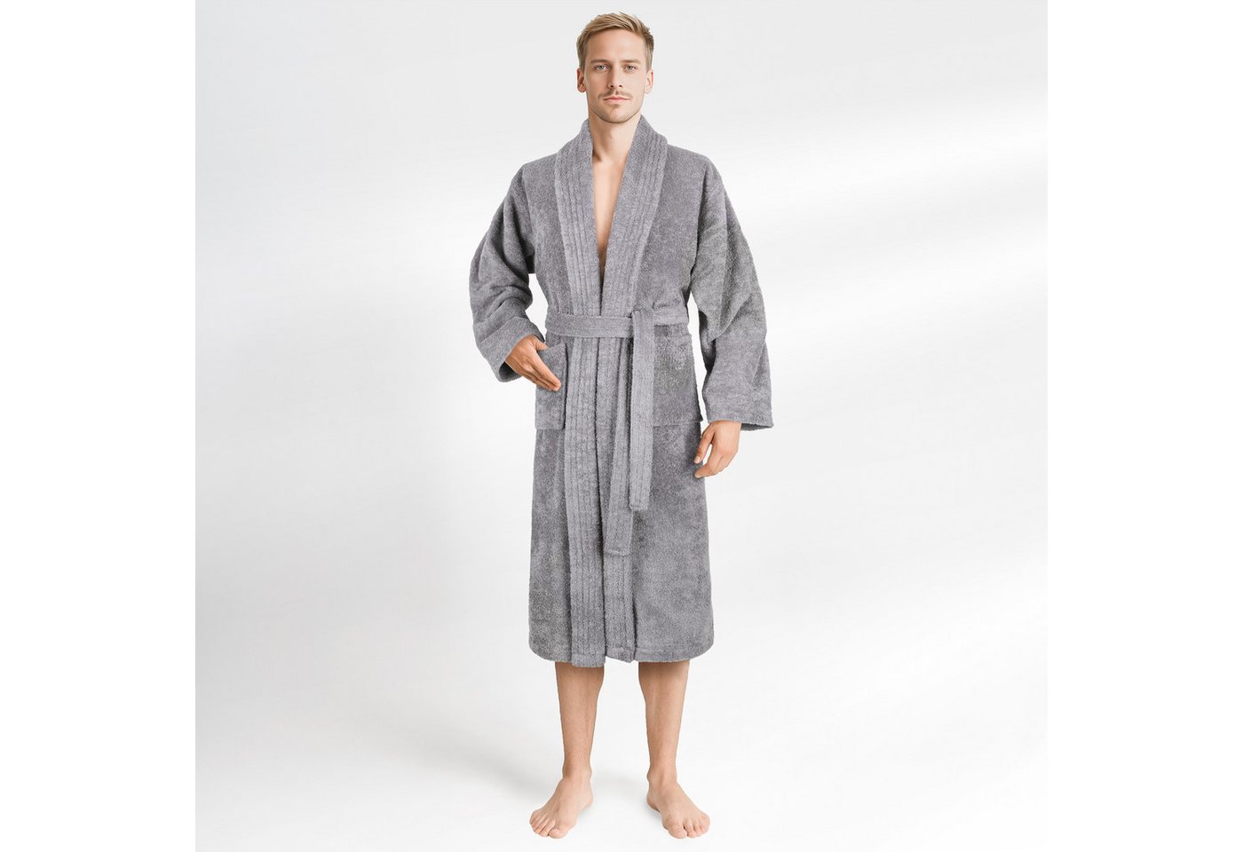 HAMMETEX Herrenbademantel hergestellt aus 100% Baumwolle – 380 g/m² Frottee, mit Taschen, Langform, Baumwolle, Schalkragen, Gürtel, saugfähig & Weich von HAMMETEX