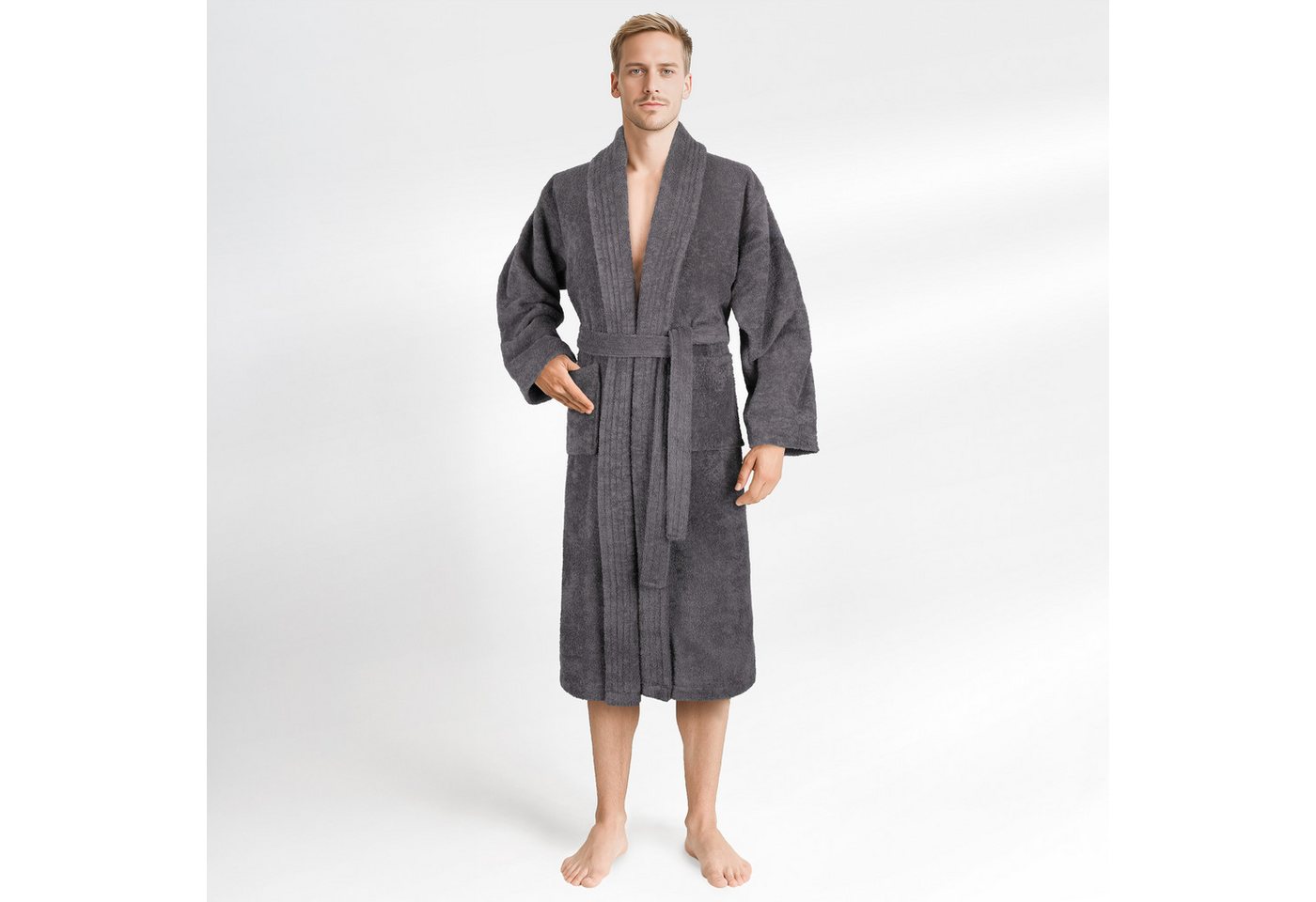 HAMMETEX Herrenbademantel hergestellt aus 100% Baumwolle – 380 g/m² Frottee, mit Taschen, Langform, Baumwolle, Schalkragen, Gürtel, saugfähig & Weich von HAMMETEX