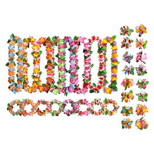 HAMPPLIES 1 Satz Hawaii Blumenkette Set Farben Blüten Halskette Stirnband Handgelenkband für Aloha Partys Tropische Feierlichkeiten Luau Dekorationen Teiliges Ensemble aus Hochwertigen von HAMPPLIES