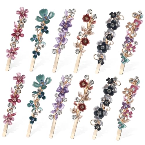 HAMPPLIES 12 Stück Teiliges Haarschmuck Blütenförmige Haarspangen mit Funkelnden Strasssteinen Leicht und Langlebig für Frauen Mädchen Hochzeit und Alltag in Blau Braun Violett von HAMPPLIES