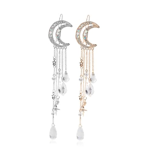 HAMPPLIES 2 Stück Kristallbesetzte Tassel Haarspangen für Damen Elegante Haarklammern mit Mond Stern anhänger in Gold und Silber Modischer Haarschmuck für Party Alltag und Zeremonien von HAMPPLIES