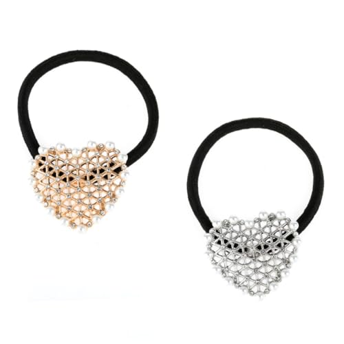 HAMPPLIES 2 Stück Perlen haargummi Herzform Metalllegierung Gold Silber Modischer Haarschmuck für Damen und Mädchen Geeignet für Dünnes und Dickes Haar Vielseitig für Alltag Party und von HAMPPLIES