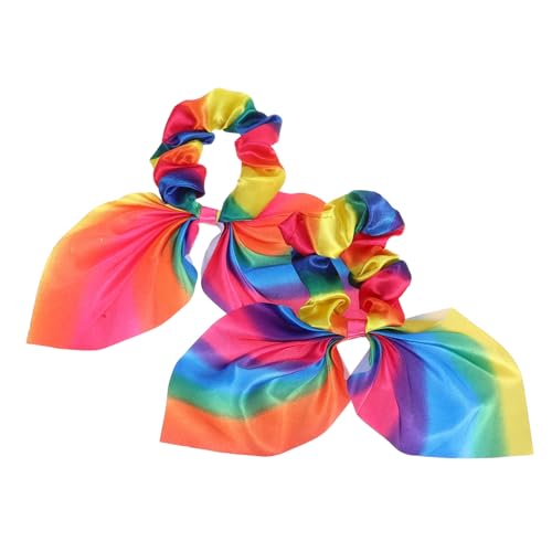 HAMPPLIES 2 Stück Regenbogen Haargummis mit Niedlichen Hasenohren und Knoten Weiches Haarband für Damen und Mädchen Stylischer Ponytail Halter Modisches Haarschmuck Accessoire von HAMPPLIES