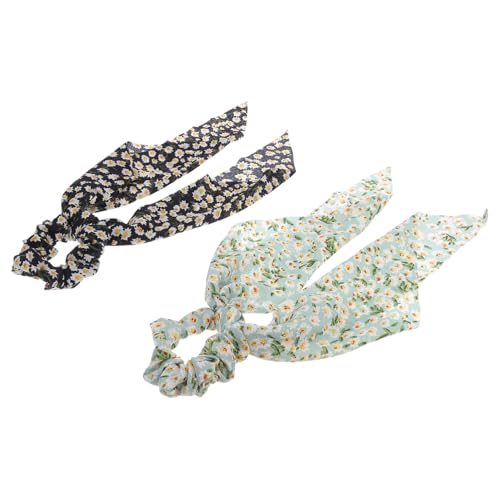 HAMPPLIES 2 Stück Teiliges Chiffon Haargummi mit Druck Schleife Elastische Stoff Haarkreise Lange Bänder Haarschleifen für Damen Vielseitig für Dünnes und Dickes Haar Alltags und von HAMPPLIES