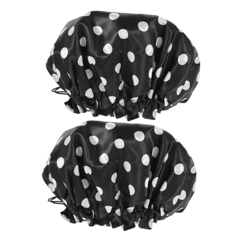 HAMPPLIES 2 Stück Verstellbare Wasserdichte Duschhaube aus Satin Große Badekappe für Damen und Herren Teiliges Schutz für Haare Beim Duschen und Kochen Schwarz Gepunktetes Design von HAMPPLIES