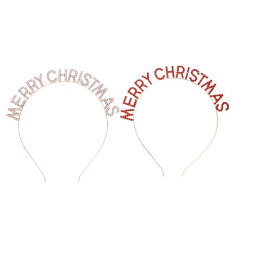 HAMPPLIES 2 Stücke Teiliges Festliche Haarschmuck Damen Strassstein Haarreifen Merry Christmas Buchstaben Stirnband Rot Roségold Leichter Kopfschmuck für Weihnachts und Neujahrsfeiern von HAMPPLIES