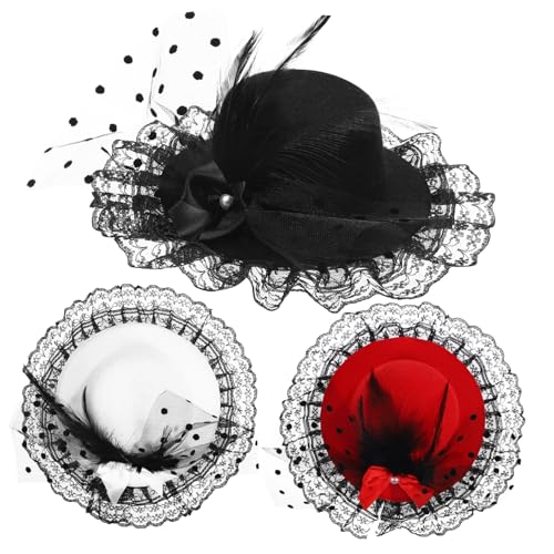 HAMPPLIES 3 Stück Teiliges Fascinator Hut mit Kleinem Schleifen Design Formelle Damen Hüte für Hochzeiten und Teepartys Stilvolle Mesh und Schmuck Accessoires in Weiß Rot und Schwarz von HAMPPLIES