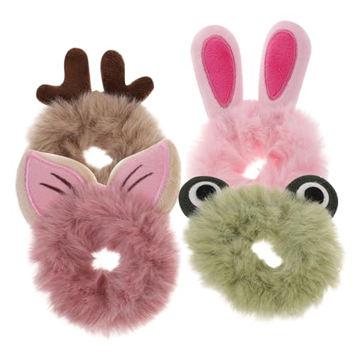 HAMPPLIES 4 Stück Teiliges Flauschiger Cartoon Haargummis Elastische Haarbänder mit Süßen Tiermotiven Weiche Haarschmuck accessoires für Mädchen Geeignet für Dünnes Dickes Haar Modische von HAMPPLIES
