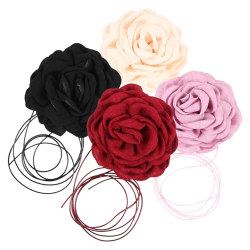 HAMPPLIES 4 Stück Teiliges Große Blumen Choker Halsketten für Damen Verstellbar Blumiges Stoffkette Luxuriöses Design Vielseitig Kombinierbar in Rot Rosa von HAMPPLIES