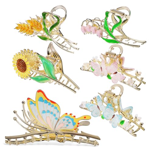 HAMPPLIES 6 Stück Teiliges Damen Haarklammern Metall Haarspangen mit Blumen und Schmetterlingsdesign Große Haarklaue für Dickes und Dünnes Haar Rutschfest für Party Hochzeit und Alltag von HAMPPLIES