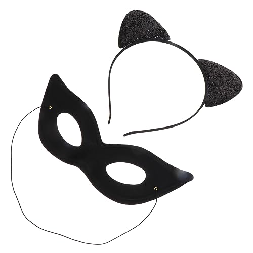 HAMPPLIES Cat Ear Headband mit Augenmaske für Damen Weiches Plüschmaterial Dehnbarer Haarreif Katzenkostüm Zubehör für Halloween Karneval Fasching und Cosplay Feiern von HAMPPLIES