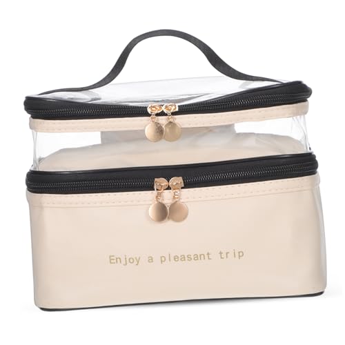HAMPPLIES Doppellagige Makeup Tasche Groß mit Elastischen Halterungen Klarer Aufteilung Tragbare Kulturtasche Damen Reise Kosmetiktasche Organizer mit Griff für Beauty und Pflege von HAMPPLIES