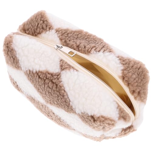 HAMPPLIES Fluffige Kosmetiktasche im Karomuster Multifunktionale Aufbewahrung für Make Up Stifte Accessoires Stylisches Reise Accessoire Khaki für Damen von HAMPPLIES
