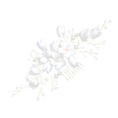 HAMPPLIES Handgefertigter Weißer Polymer Blüten Haarkamm mit Perlen und Kristallperlen Braut Haarschmuck für Hochzeit Braut Steckkamm Dekorativer Schmuck für Festliche Frisuren von HAMPPLIES