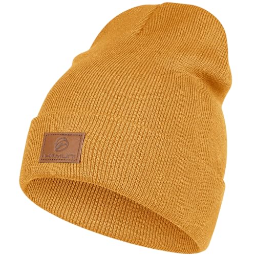 HAMUNI Beanie Mütze für Herren Damen, Klassische Wintermützen Bequem Atmungsaktiv Weich Acryl Beanie Hat Strickmütze Vintage Einfarbig Strick Bündchen Beanies Unisex (Goldgelb) von HAMUNI