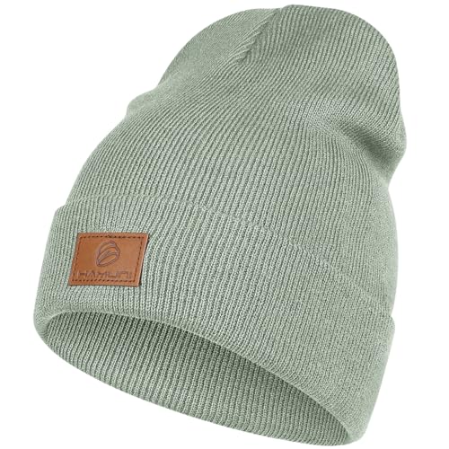 HAMUNI Beanie Mütze für Herren Damen, Klassische Wintermützen Bequem Atmungsaktiv Weich Acryl Beanie Hat Strickmütze Vintage Einfarbig Strick Bündchen Beanies Unisex (Hellgrau grün) von HAMUNI