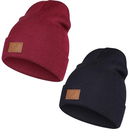 HAMUNI Beanie Mütze für Herren Damen, Klassische Wintermützen Bequem Atmungsaktiv Weich Acryl Beanie Hat Strickmütze Vintage Einfarbig Strick Bündchen Beanies Unisex (Schwarz+Jujube Rot) von HAMUNI