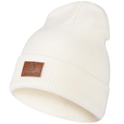 HAMUNI Beanie Mütze für Herren Damen, Klassische Wintermützen Bequem Atmungsaktiv Weich Acryl Beanie Hat Strickmütze Vintage Einfarbig Strick Bündchen Beanies Unisex (weiß) von HAMUNI