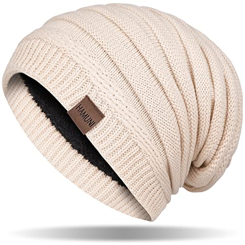 HAMUNI Mütze Damen, Atmungsaktiv Strickmütze Herren, Warme Wintermütze Damen, Street Style Slouch Beanie Mütze Herren, Klassische Unisex Winter Mütze mit Weichem Bequemem Fleece Innenfutter von HAMUNI