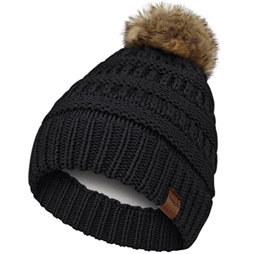 HAMUNI Mütze Damen,Winter Strickmütze Bommelmütze mit abnehmbarem Kunstpelzknäuel, Fleecegefütterte Modische Warm Verdickte Winter Mütze, Ideale Beanie Mütze für kälteren Monate von HAMUNI