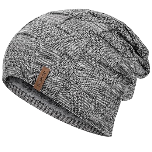 HAMUNI Mütze Damen - Atmungsaktiv Strickmütze Herren - Slouch Beanie Mütze mit Weichem Fleece Innenfutter - Unisex Wintermütze - Klassische Herren Damen Mütze für Herbst Winter Frühjahr (Hellgrau) von HAMUNI